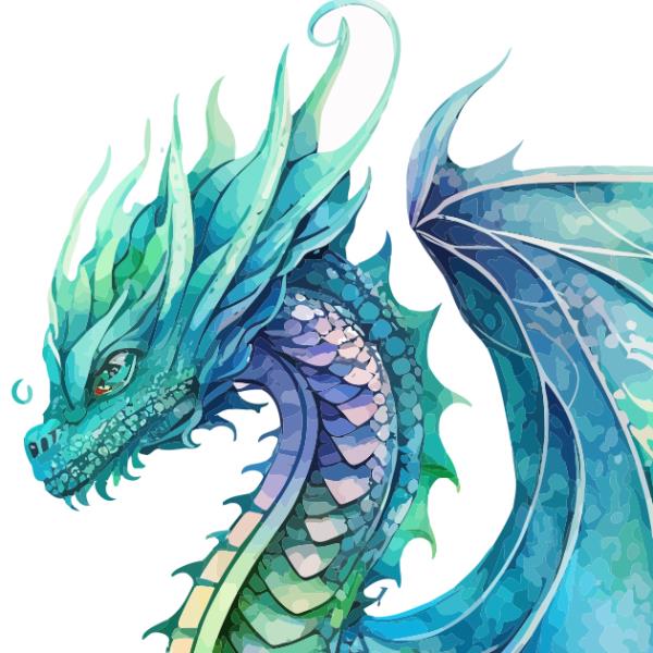 Head and wing of a digitally illustrated dragon in blues, greens and purple.