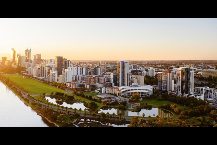 Aerial photo of East Perth and the riverside