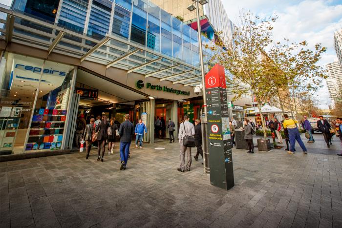 Commuters in near Perth Underground in Murray Street Mall