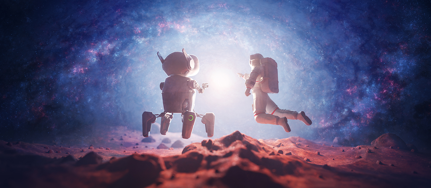 Robot and astronaut exploring an alien planet.