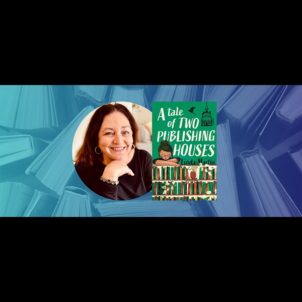 A Tale of Two Publishing Houses book cover next to a photograph of the author Linda Martin against a background of books.