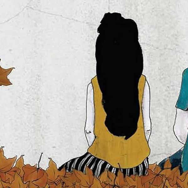 Section of the book cover of A Lasting Conversation: Stories on Ageing, showing the backs of a young and an old woman sitting amongst autumn leaves.