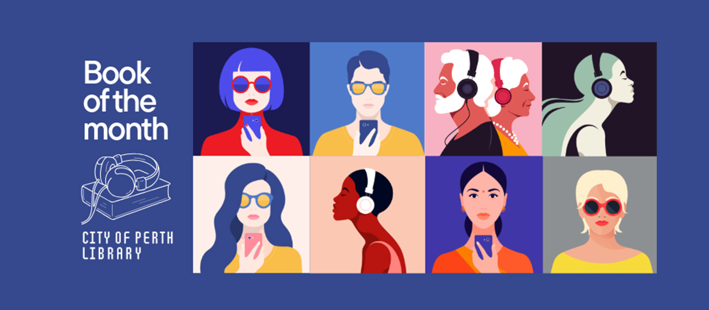 Book of the Month title with illustrated tiles of people reading on phones or listening to audiobooks.