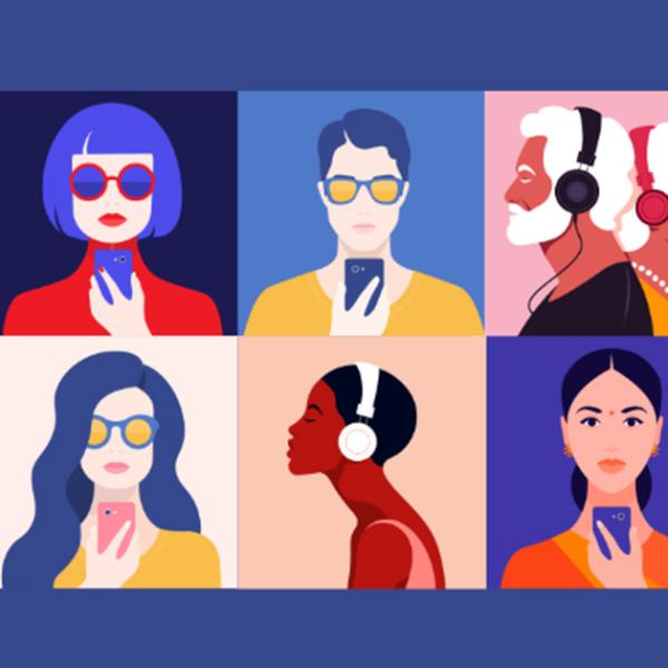 Book of the Month title with illustrated tiles of people reading on phones or listening to audiobooks.