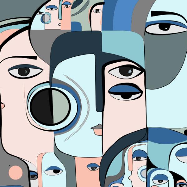 Abstract image of faces and eyes in blue, pink and grey.