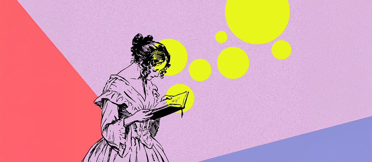 Illustration of lady in period dress reading a book against a colourful background. 