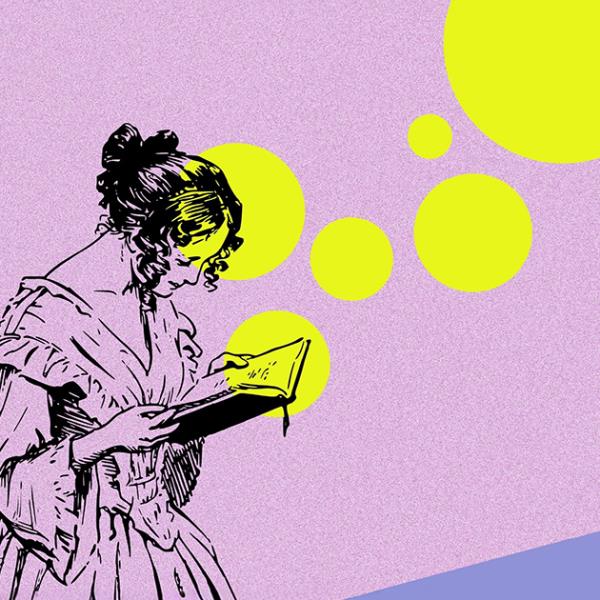 Illustration of lady in period dress reading a book against a colourful background.