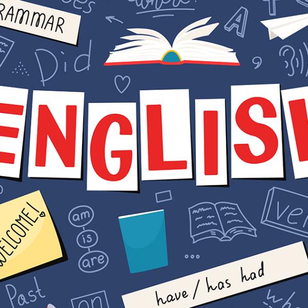 Graphic illustration of the word English on a blackboard with post it notes and books.