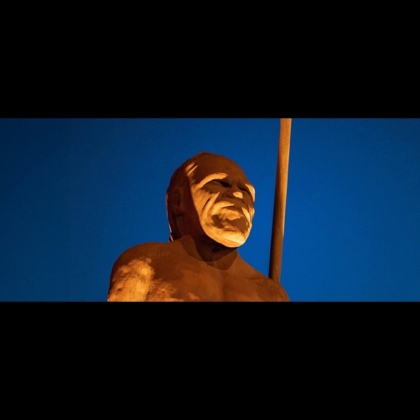 Night photo of the Wirin sculpture by Lance Chadd in Yagan Square.