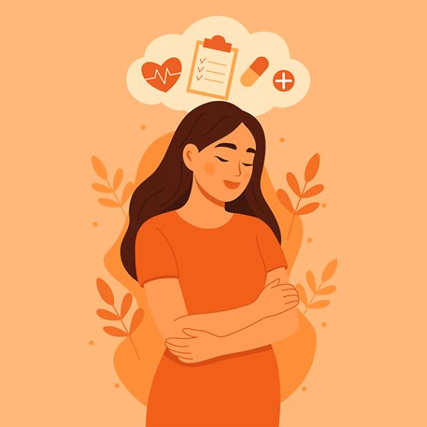 Orange toned illustration of a woman hugging herself, with medical iconography in a cloud above her head.