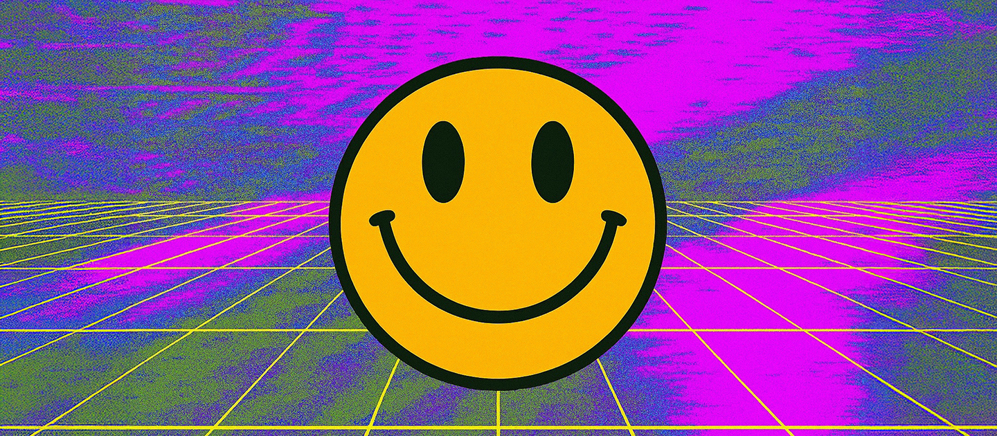 Smiley face icon on a pink and green distorted dance floor. 