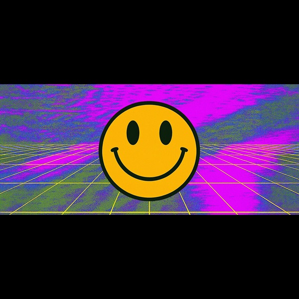 Smiley face icon on a pink and green distorted dance floor.