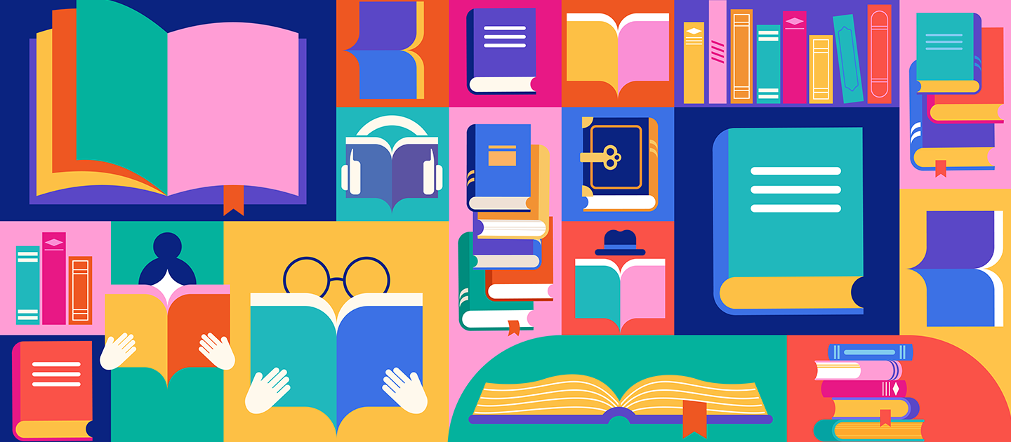 Bright, multicoloured graphic illustration of books and people reading books.