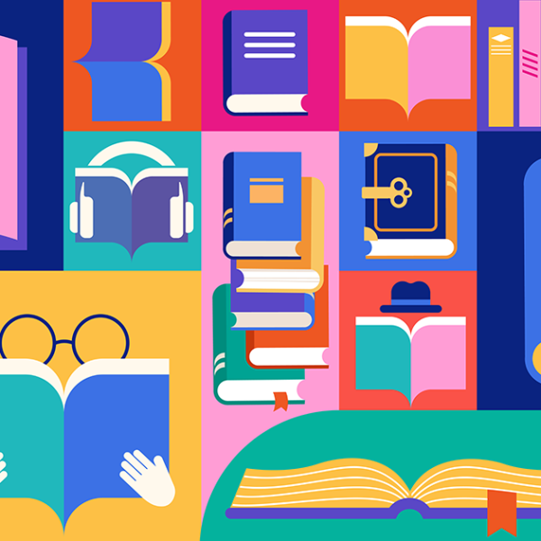 Bright, multicoloured graphic illustration of books and people reading books.