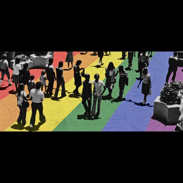 70s photo of Murray Street Mall with the floor as a transparent rainbow flag.