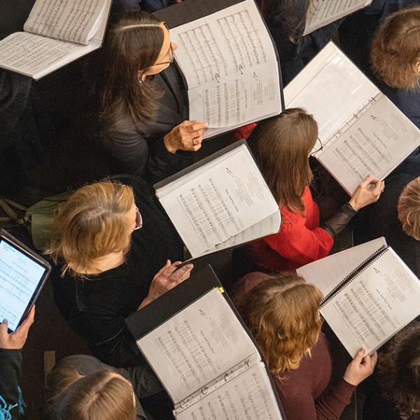 View of choir holding sheet music from above.