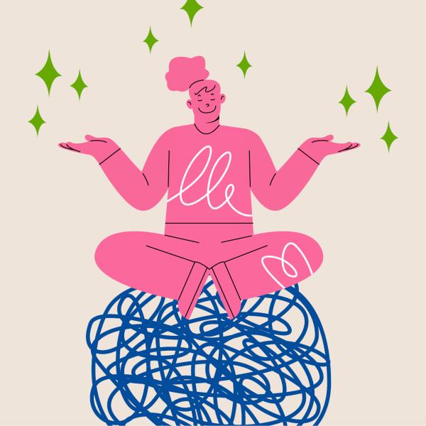 Illustration of a pink smiling woman sat on a messy scribbled blue gall in a yoga position.