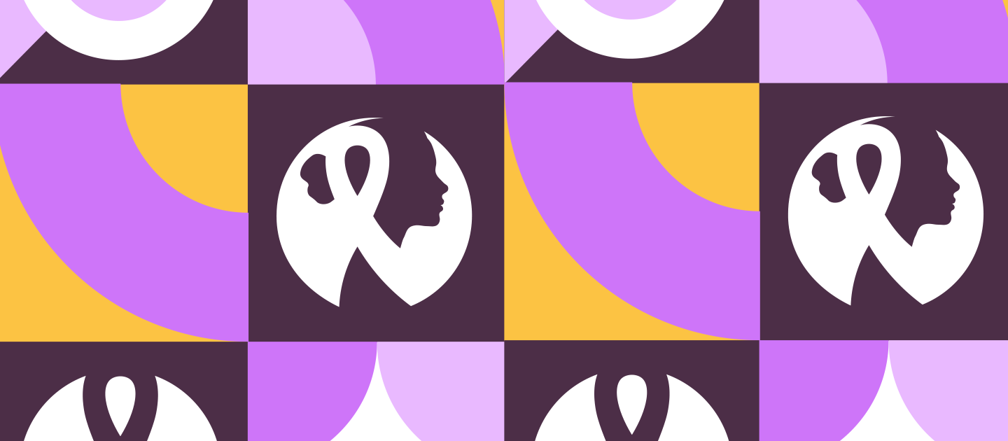 Yellow, purple and white graphic with endometriosis symbols and circles. 