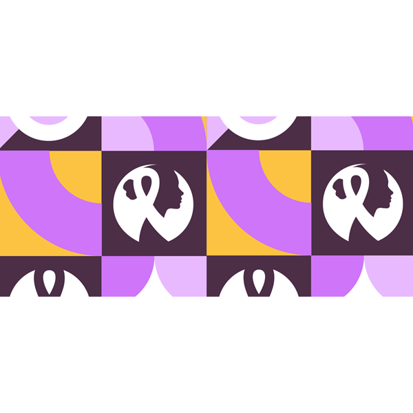 Yellow, purple and white graphic with endometriosis symbols and circles.