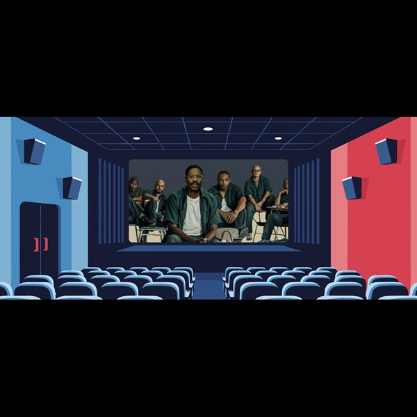 Still image from film Sing Sing on the screen in a graphic illustration of a cinema in red and blue.