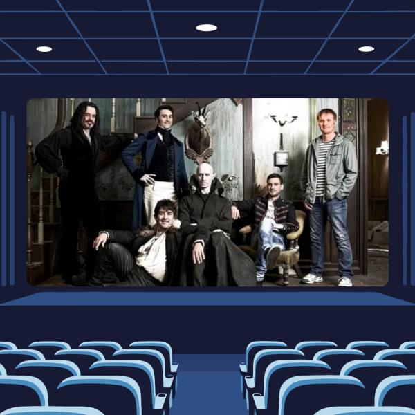 Still image from film What We Do in the Shadows on the screen in a graphic illustration of a cinema in red and blue.