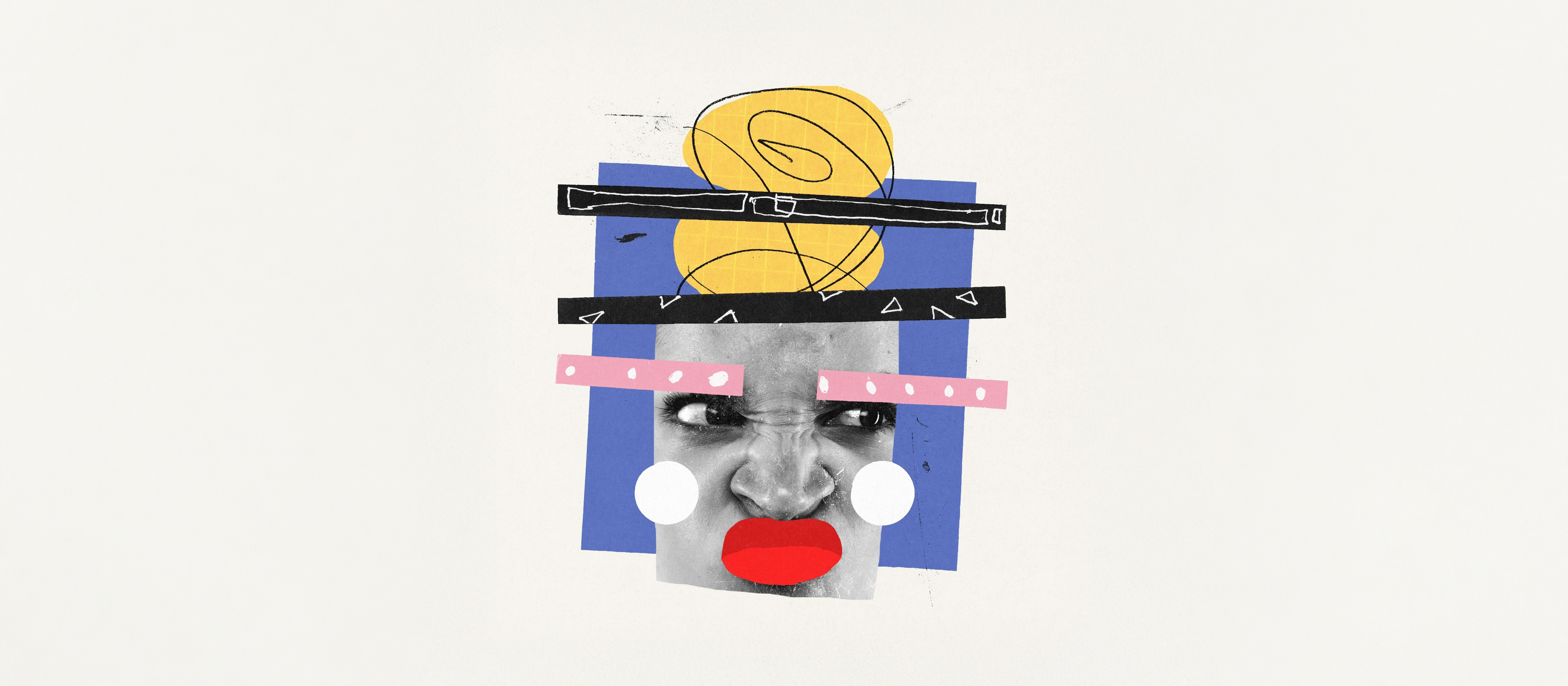 Collage face with printed and paper elements.