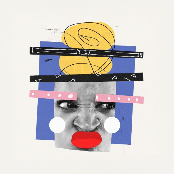 Collage face with printed and paper elements.