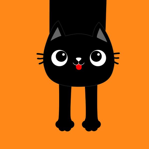 Graphic illustration of a black cat on an orange background, with paws outstretched, looking up.