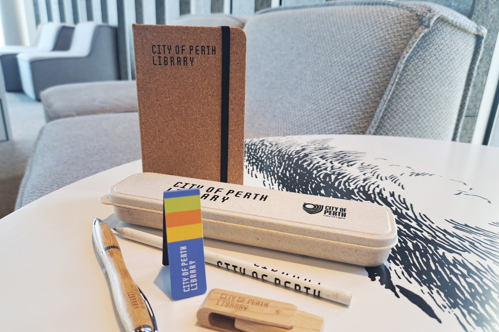 A display of assorted Library merchandise items