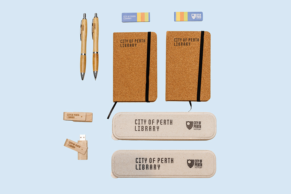 Library merchandise flat lay.