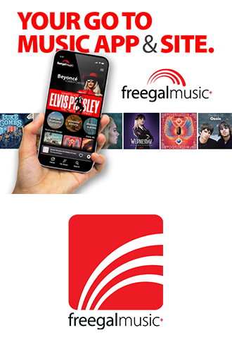 Tile with Freegal Music logo and advertising showing hand holding a mobile phone with the Freegal app and album covers.