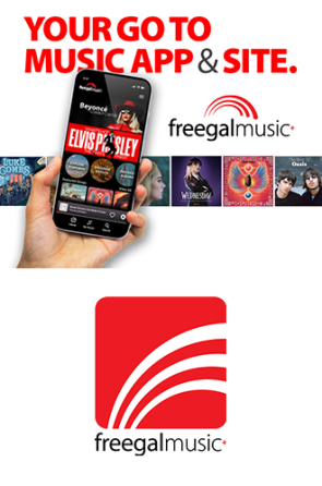 Tile with Freegal Music logo and advertising showing hand holding a mobile phone with the Freegal app and album covers.