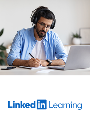 LinkedIn Learning tile showing the logo and an image of a man wearing headphones and studying with a laptop.