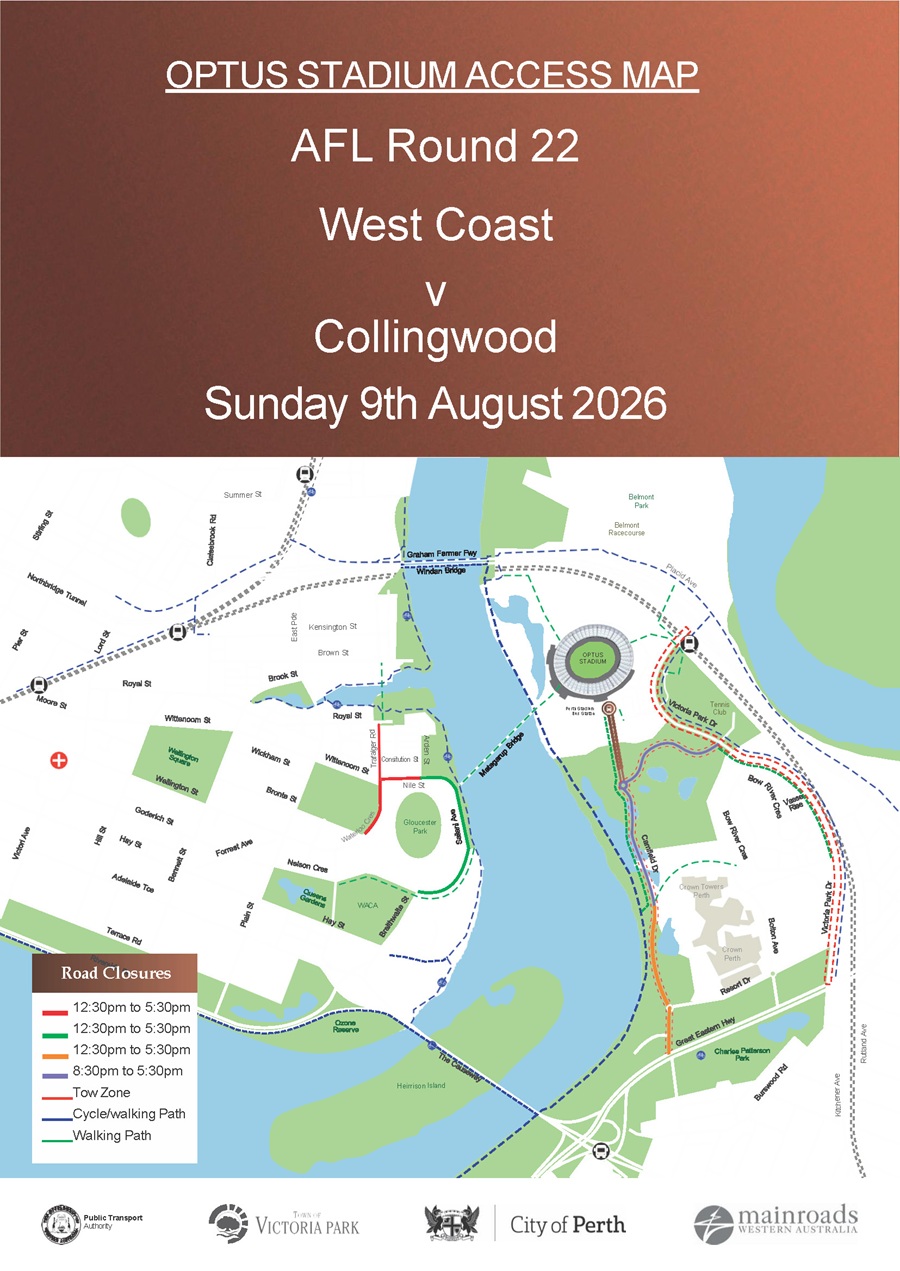 Road Closure - Optus Stadium Event - West Coast v Collingwood - 9 August 2026