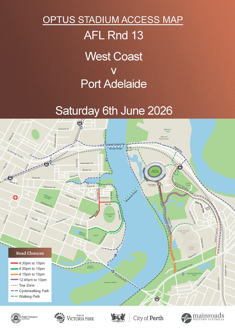 Road Closure - Optus Stadium Event - West Coast v Port Adelaide - 6 June 2026